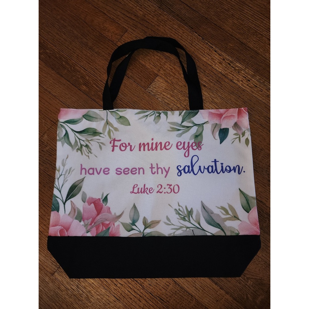 Luke 2:30 Scripture Floral Tote Bag White Black Canvas Religious Christian Gift